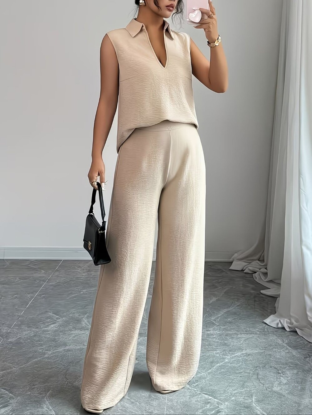 Sleeveless V-Neck Top And Wide Leg Pants Set- Beige